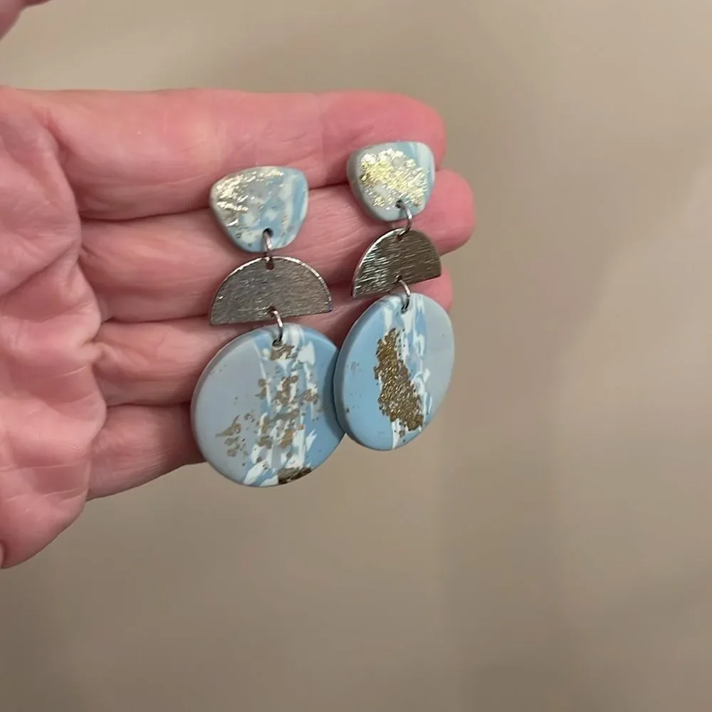Soft Pottery Material Blue Marbled With Gold Foil Accent Geometric Drop Earrings